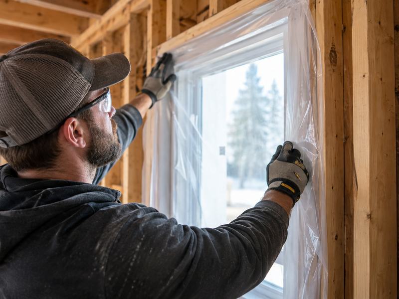 Installer taping plastic over a window before spray foam insulation work