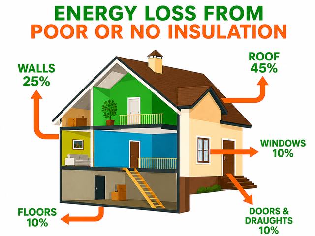 Diagram showing where a house loses heat through the roof, walls, windows, floors and doors