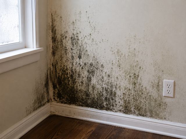 Mould growing on a damp wall corner beside a window
