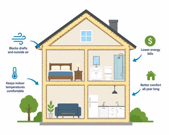 Diagram of a house with spray foam insulation in the walls, attic and floors