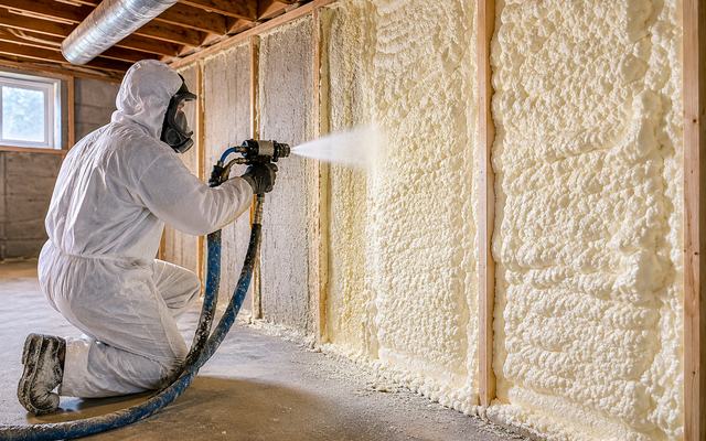 Installer applying spray foam insulation to basement walls in Woodstock