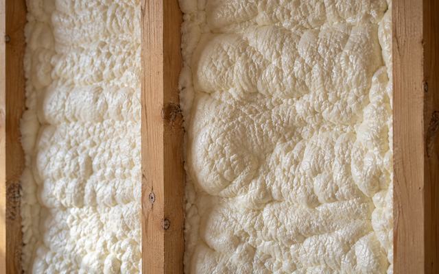 Thick closed-cell spray foam filling a wall cavity between wood studs