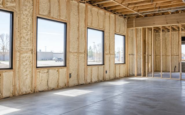 Commercial unit with spray foam insulation on the walls and roof framing