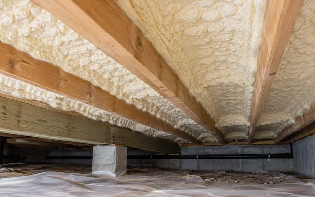 Spray foam insulation on the floor joists above a crawl space