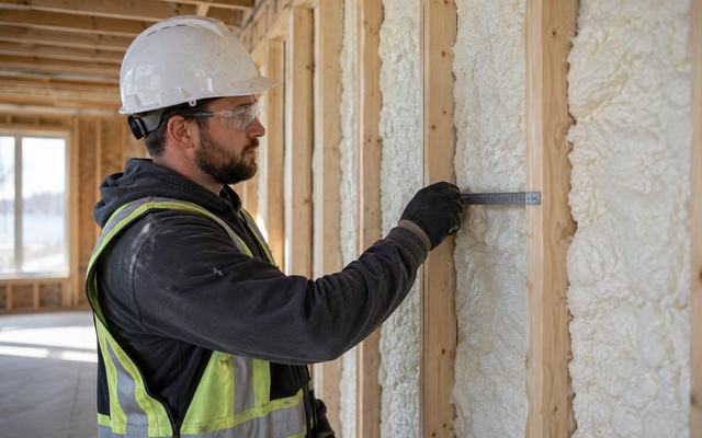 Installer checking the depth of spray foam insulation in a wall