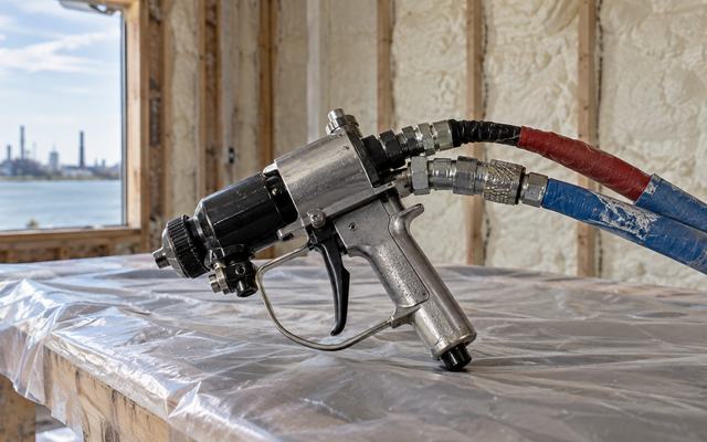 Spray foam gun resting on covered equipment inside an insulated industrial space