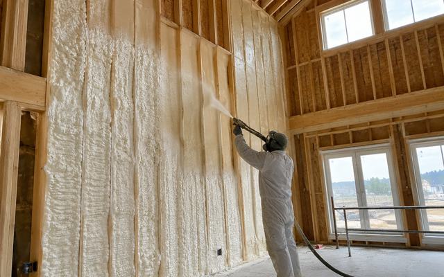Installer spraying foam insulation up a tall wall in a new home near Woodstock