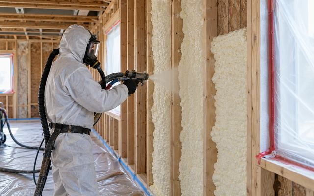 Installer in a protective suit spraying foam insulation into exterior wall framing
