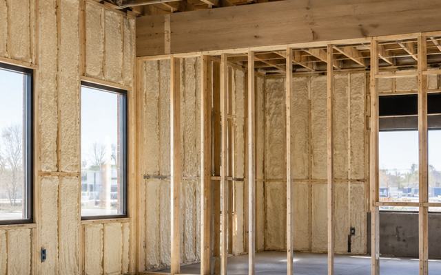 Framed interior walls and ductwork in a commercial building with spray foam on the exterior walls