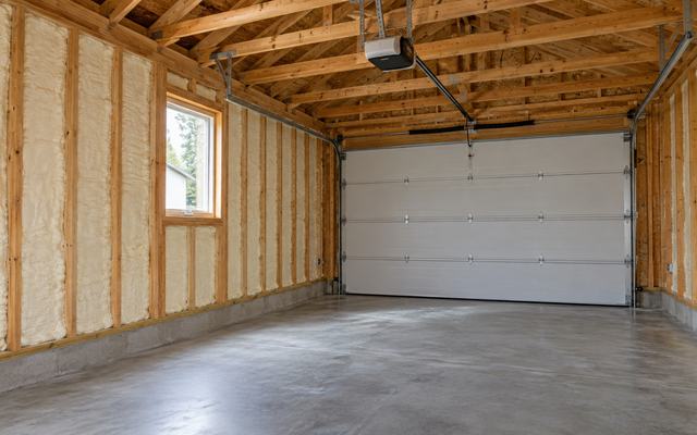 Detached workshop with spray foam insulation on the walls and ceiling