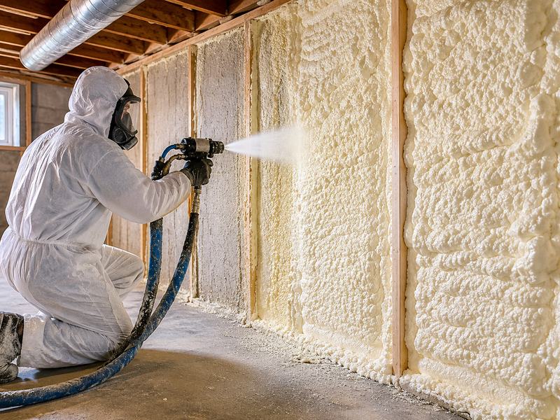 Installer spraying foam insulation on basement walls in Woodstock